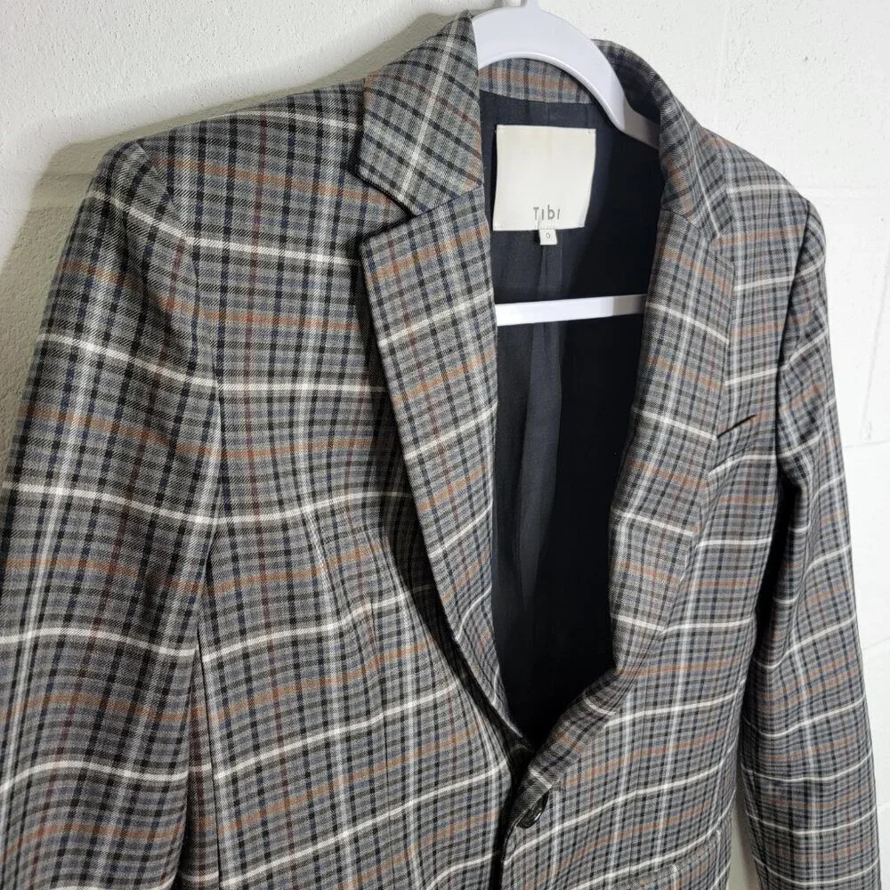 Tibi Blazer Womens 0 Gabe Check Cutout Menwear Wool Oversized Career Workwear - Picture 4 of 14